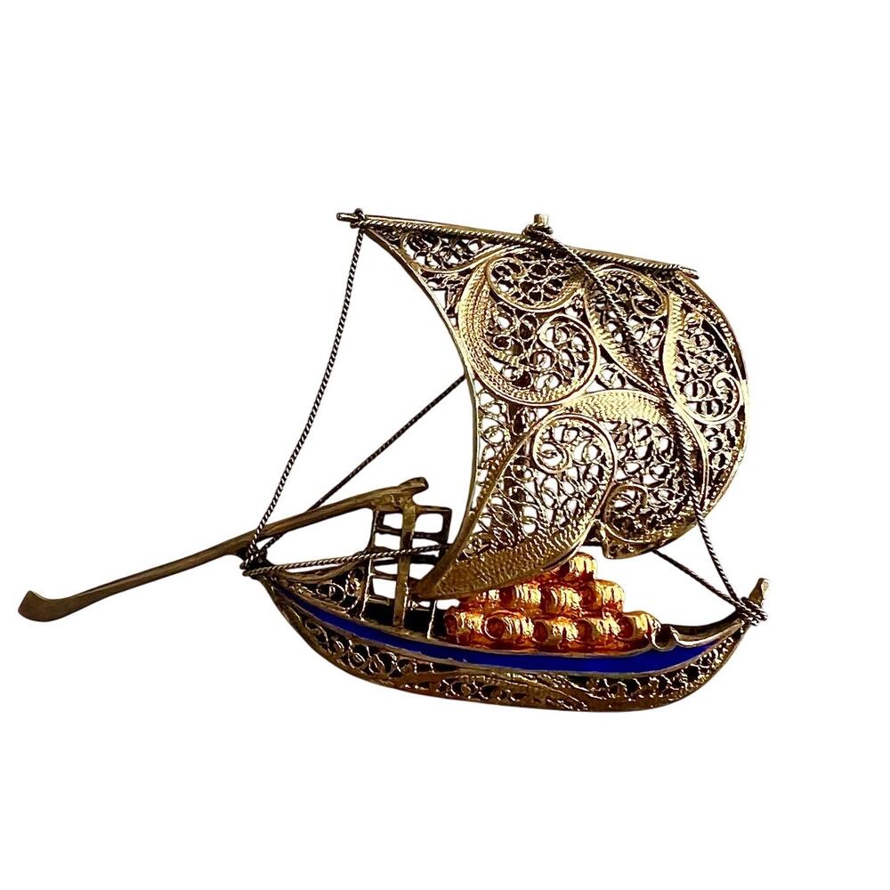 Vintage Gold Tone Filigree Chinese Ship Boat Brooch